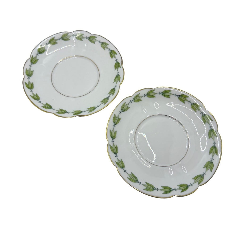 2 Vtg The Cowell & Hubbard France Porcelain Dessert Plates Gold Rim Leaf Pattern